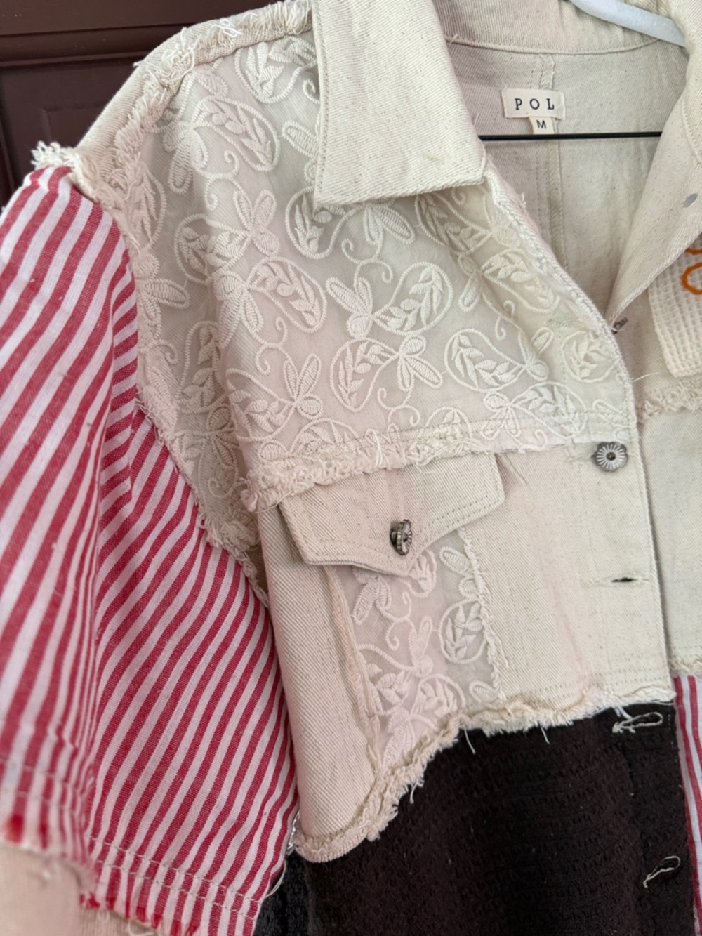POL Cream, Black & Pink Patchwork Embroidered Jean Jacket - Picture 5 of 7